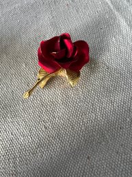 Vintage Cerrito Signed Satin Red Enameled Gold Tone Rose Pin