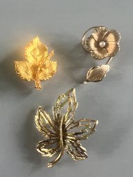 Set Of Three Gold Tone Leaf Brooches