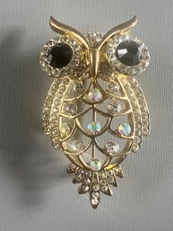 Vintage Owl Brooch About 2' AB Rhinestones