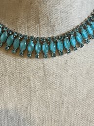 Stunning Blue Rhinestone And Stone Necklace Show Stopper