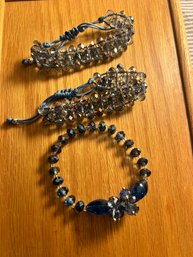 Set Of Three Cut Blue Glass And AB Crystal Bracelets