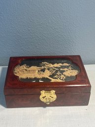 Vtg Small Chinese Lacquer Jewelry Box  Cork Diorama Lid  Vintage Jewelry Box