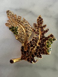 Kenneth Jay Lane Amber / Yellow Crystal / Peridot Green Two Leaf Vintage Brooch