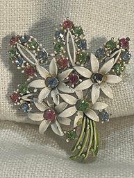 1960s White Enamel And Pastel Rhinestone Flower Pin