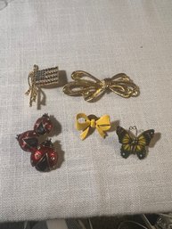 Five Assorted Pins Brooches Butterlfy
