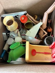 Very Vintage Box Of Mini Kitchen Toys And 2 Barbies