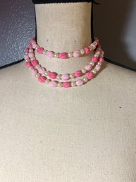 Vtg Pink Triple Strand Beaded Necklace
