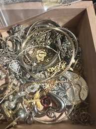 Cigar Box Of Gold And Silver Toned Jewelry