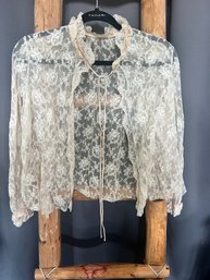 Vtg 30s 40s ALICE MALOOF Floral LACE Cropped Wedding BED JACKET Top S M