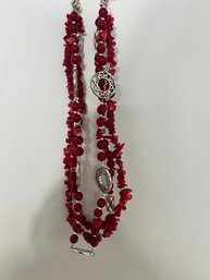 Premier Designs Firecracker Red Coral & Glass & Silver Beaded Bib Necklace