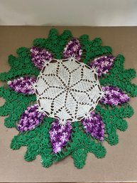 Vintage Hand Crocheted 14.5' Round Doily Grape Leaf Design Green Cream Purple
