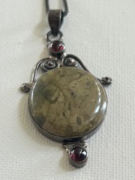 Art Deco Unakite? Smoky Quartz Necklace  Sterling Silver 925