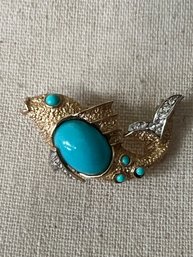 Vintage RARE Crown Trifari Large Rhinestone Blue Cabochon Fish Sea Brooch 60's