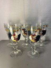 Set Of Five Handpainted Rooster Wine Glasses