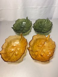 Set Of Four Vintage Amber And Green Leaf Bowls