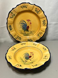 Pair Of Glazed Rooster Themed Serving Dishes