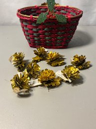 Set Of Eight Pinecone Christmas Candle Clips In A Holiday Themed Basket