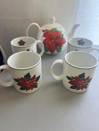 Poinsettia Teapot W Four Mugs