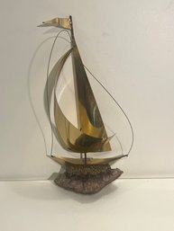 Vintage Brass Sailboat Sculpture Amethyst Geode Base 15'