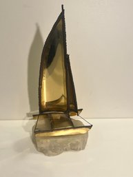 Vtg John DeMott Brass Sailboat Sculpture Onyx Stone Base 13'  Signed