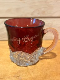 Wow!!! 1900s Century Of Progress Antique Ruby Red Flash Coffee Souvenir Glass