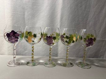 Lot Of Five Grape Theme Hand Painted Wine Glasses