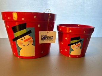 Pair Of New Snowman Themed Red Planters