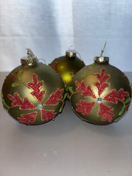 Set  Of Three  Ornate Green Red Glass Christmas Ornaments