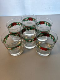 Set Of Six Christmas Holly Berry Themed Drinking  Glasses