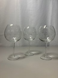 Set Of Three Etched  Wine Glasses