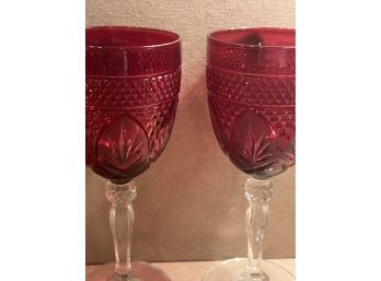 Pair Of Vintage Cranberry Stem Wine Glasses