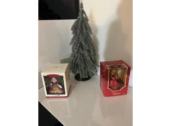 Two Hallmark Barbie Ornaments And A Tree.