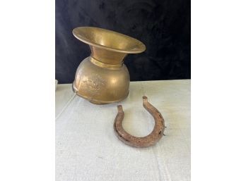 Brass Spittoon And Hand Forged Antique Horseshoe