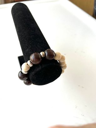 Brown & Cream Wood  Beaded Stretchy Bracelet