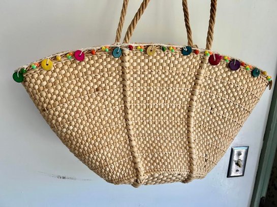 Beach Bag Straw/Multi-Colored Beaded Crochet Straw Beach Bag