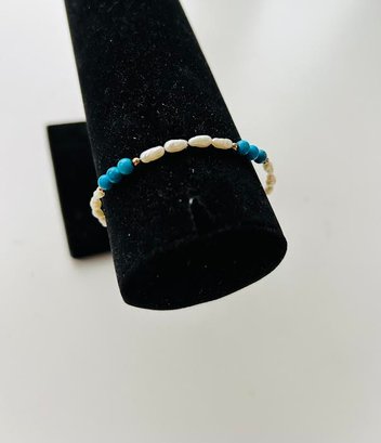 14K Gold Claps With Freshwater Pearls And Turquoise Beaded  Bracelet
