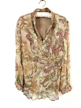 Paisley 100 Silk Large Beaded Sheer Blouse By New York City Design Company SZ L