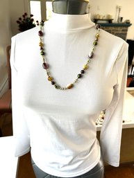 Vintage Marble/Glass And Gold Tone Long Strand Earth Color Necklace