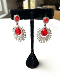 Elegant Warm  Red Burst Dangle Pierced Earrings