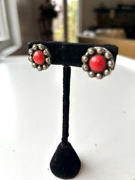 Vintage Made In ITALY Coral  Alpaca Silver Earrings