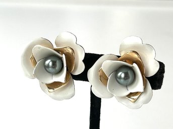 Vintage Signed 'Sarah Coventry'  White/Gold  Rose Silver-Faux-Pearl Clip-on Earrings