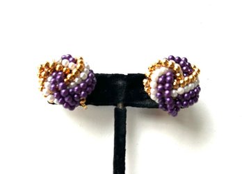 Vintage Purple/White/Gold Small Beaded Earrings