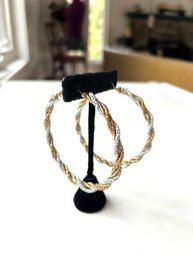 Vintage White And Gold Tone Twist Earrings LARGE Hoops