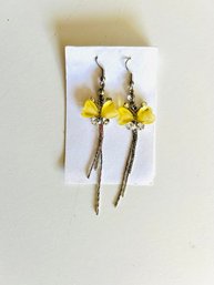 Butterfly Design Silver Tone And Rhinestone With Yellow Plastic Earrings