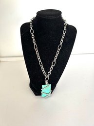 Silver Tone And Large Turquoise  Statement Pendent Necklace