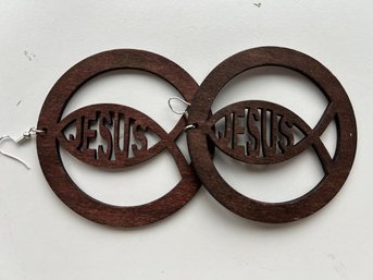 Very Large Wood Carved 'JESUS' Hoop Earrings