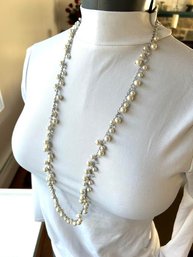 Signed ' Banana Republic ' Silver Tone And Faux Pearl Long Drop Staggered Pattern Necklace