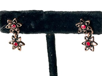 Bronze Small Floral Earrings Faux-Ruby Center Stone