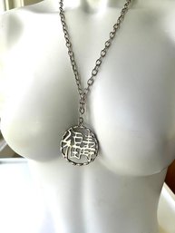 Silver Tone With Faux Bamboo Framed Asian Pendent Metal Necklace