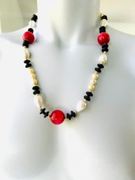Vintage Champagne Luster Beads And Red/Black Accent Necklace